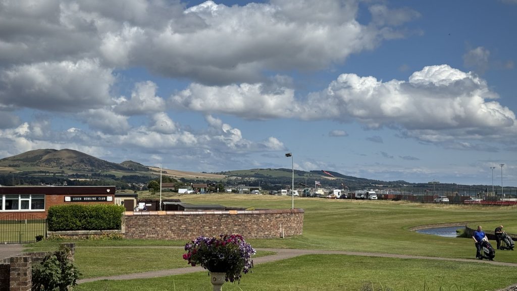Leven Links golf course and Leven Bowling Club, with Largo Law in the distance