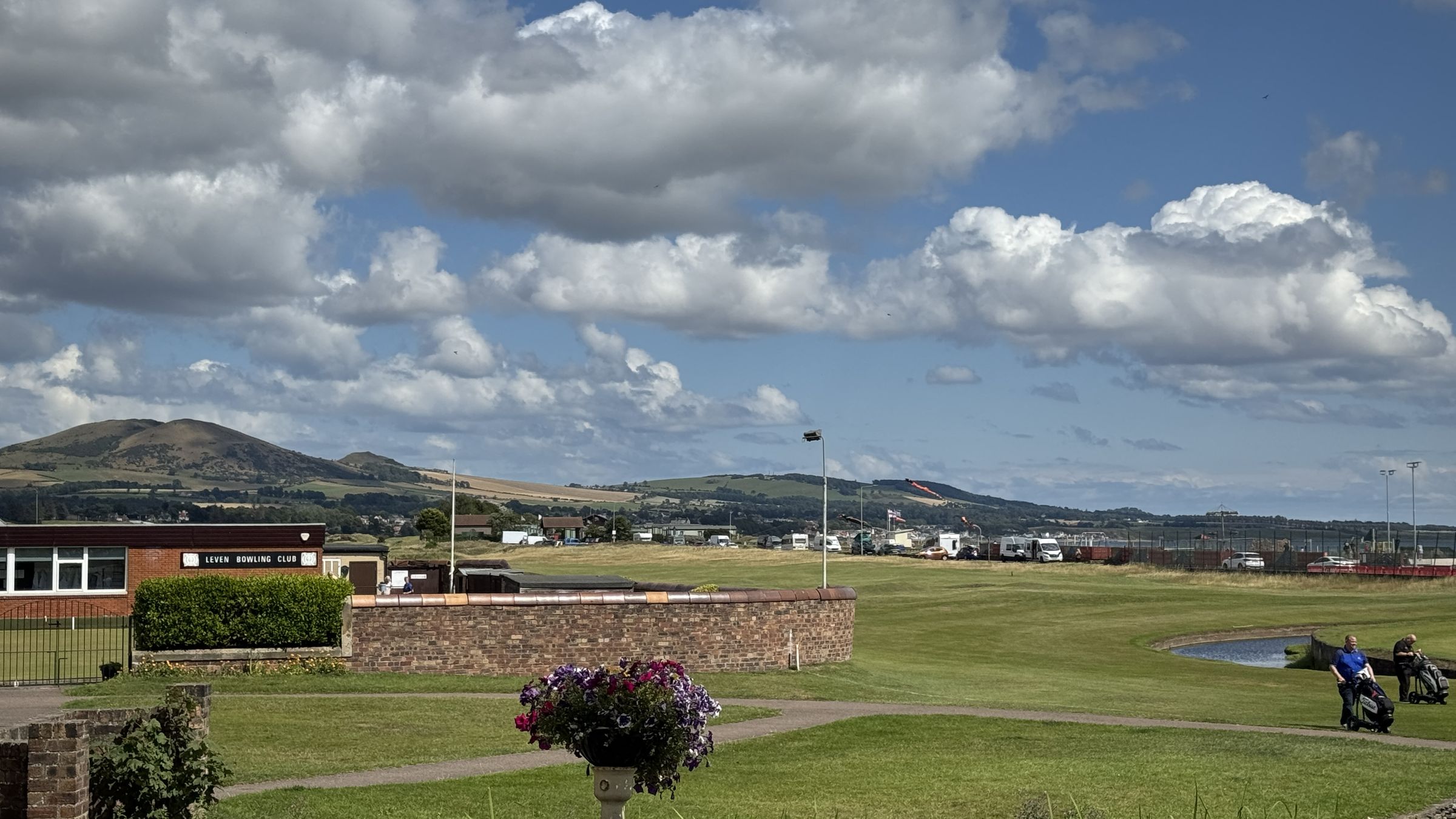 Leven Links golf course and Leven Bowling Club, with Largo Law in the distance